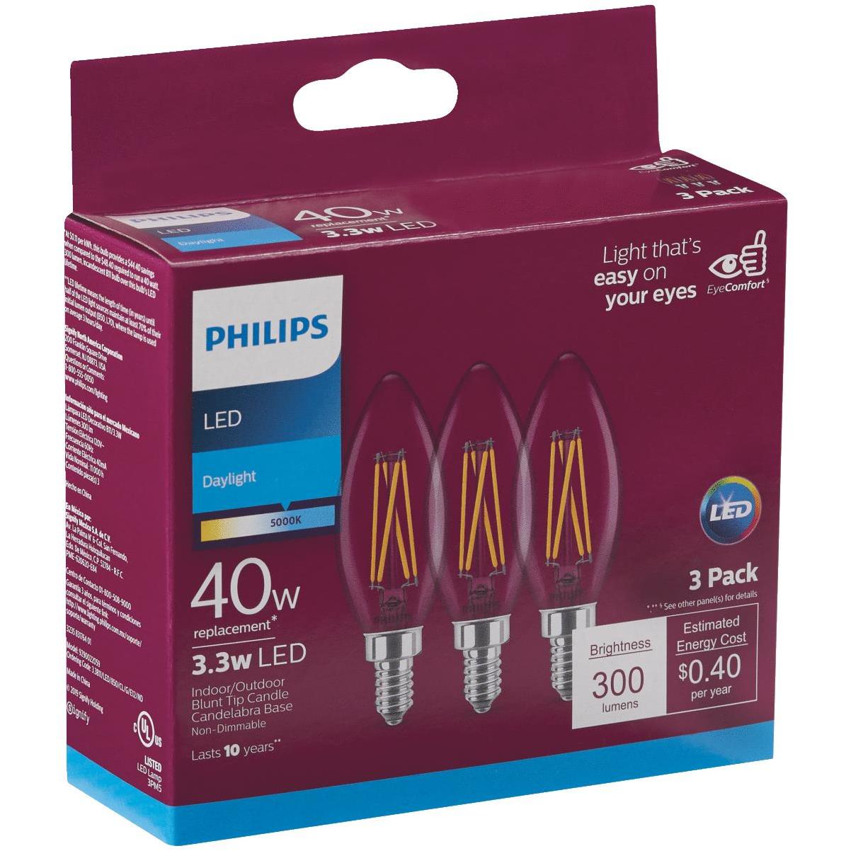 Philips 40W Equivalent Daylight B11 Candelabra Clear Decorative Light Bulb (3-Pack) | Elitsac, Inc.