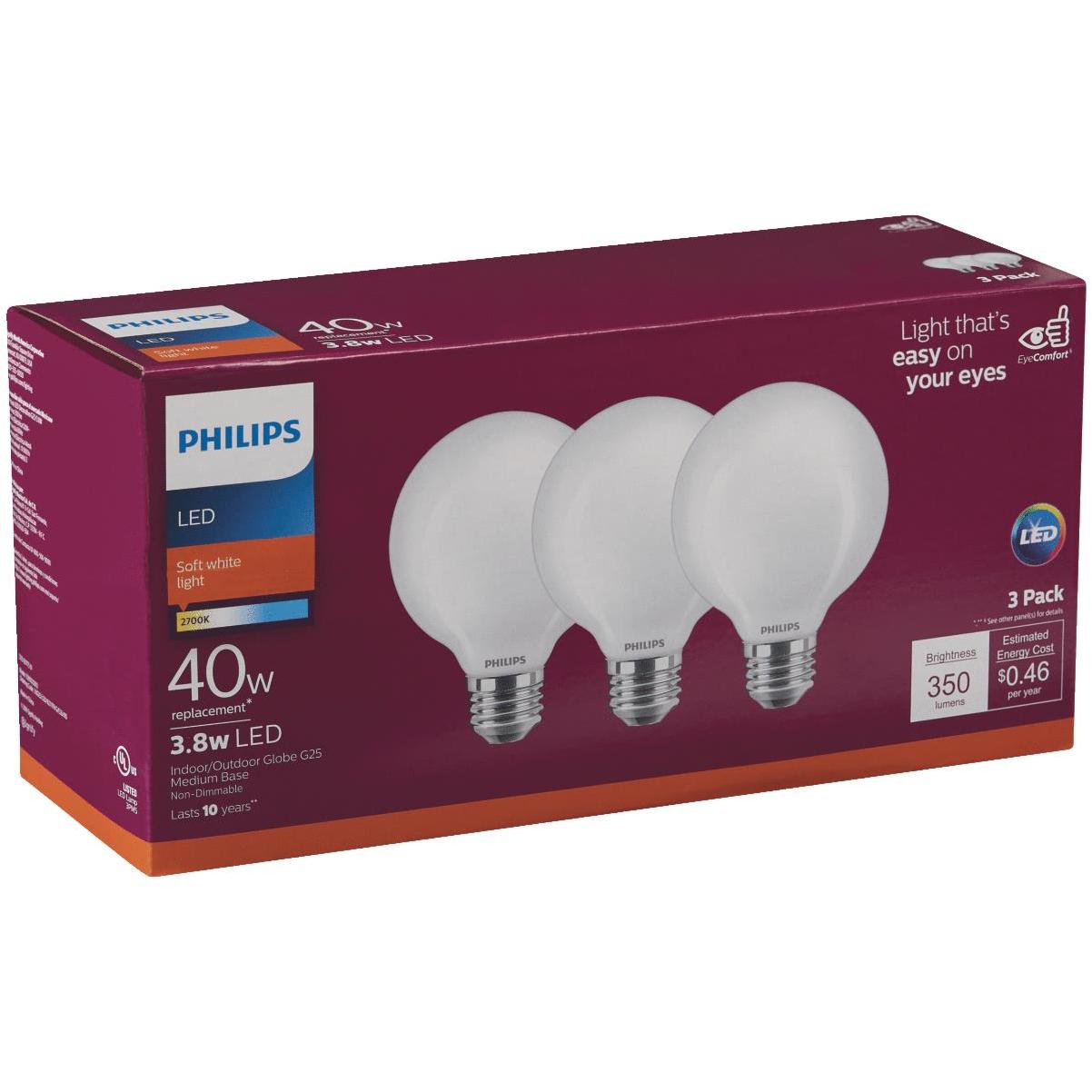 Beneficiary Production article HARDWARE WHOLESALERS INC. Philips 40W Equivalent Soft White G25 Medium  Frosted LED Decorative Light Bulb (3-Pack) | McDaniel's Hardware
