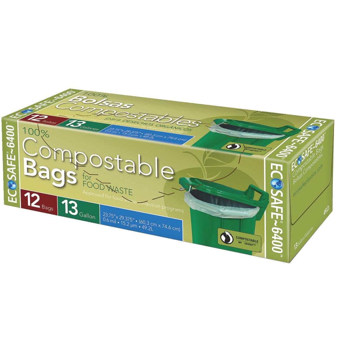 EcoSafe-6400 HB2432-6 Compostable Bag Certified Compostable 13-Gallon Green