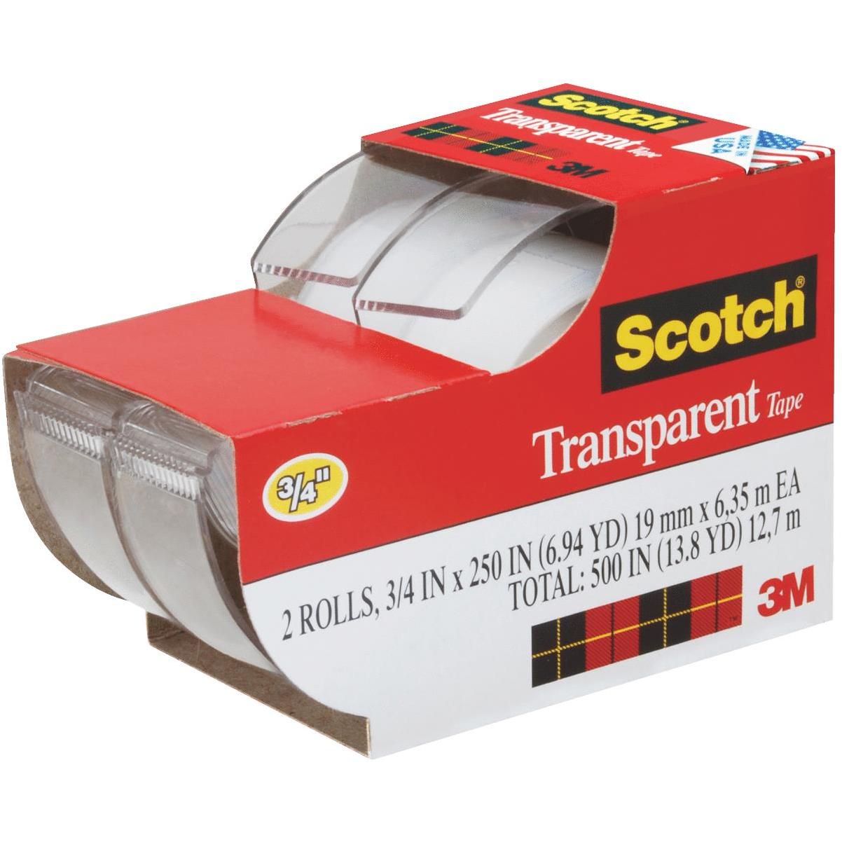 Scotch Transparent Tape, Clear, 3/4 in x 250 in, 2 Dispensers