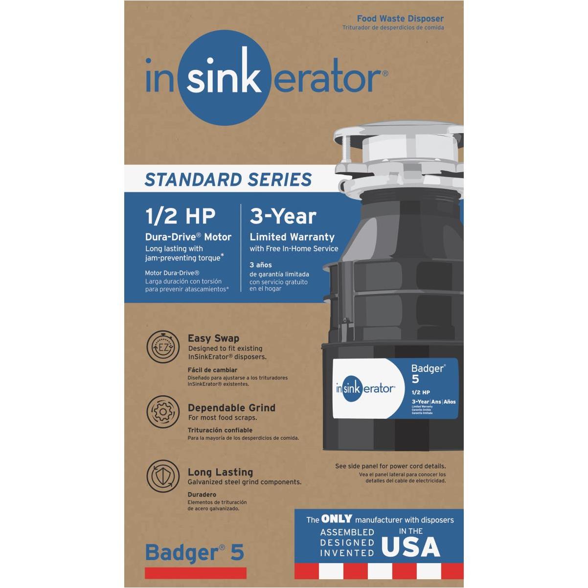 Insinkerator Badger 1/2 HP Garbage Disposer, Year Warranty Elitsac, Inc.