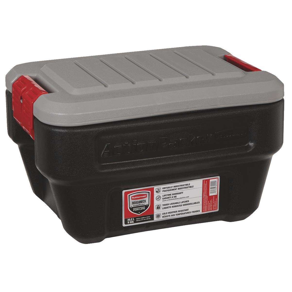 Rubbermaid 35 Gallon Action Packer Storage Bin, Heavy Duty Plastic,  Lockable, Black and Gray, Included Lid 