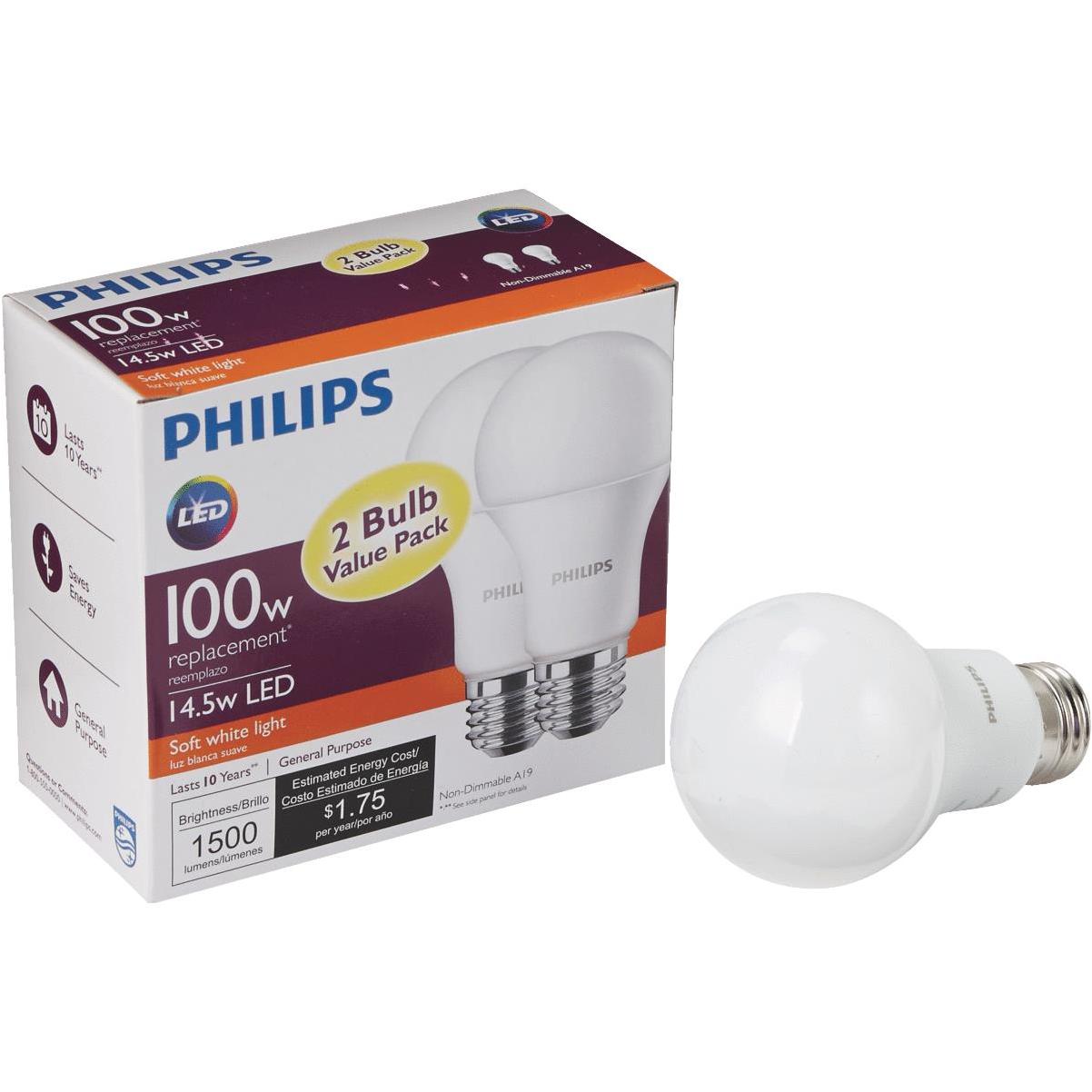afdrijven delen piek Philips 100W Equivalent Soft White A19 Medium LED Light Bulb (2-Pack) |  Elitsac, Inc.
