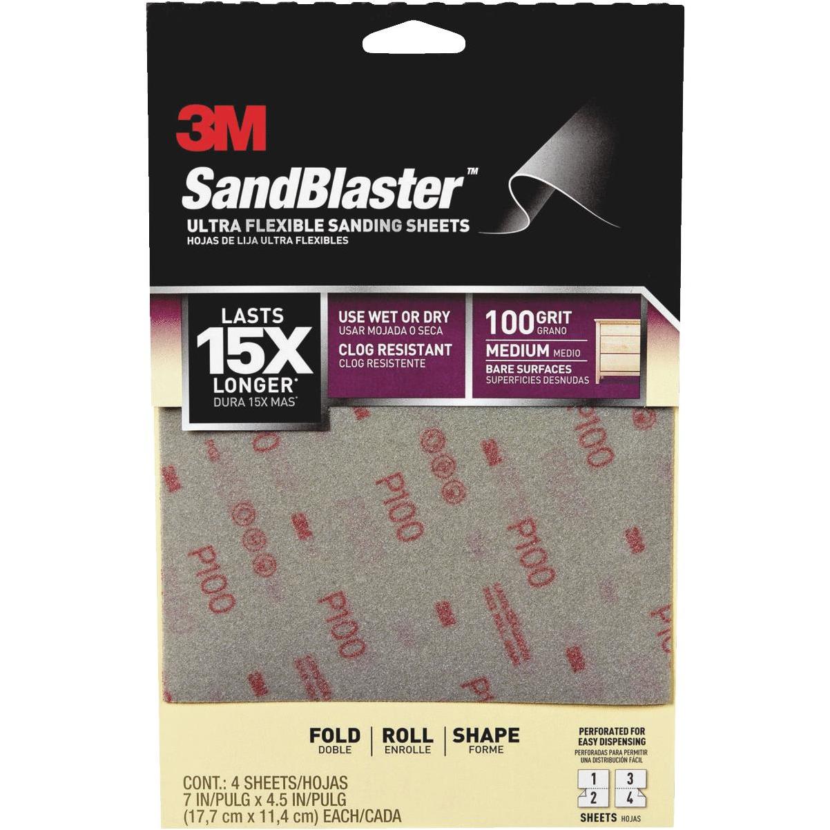 3M SandBlaster Ultra Flexible 4-1/2 In. x 7 In. 100 Grit Medium Sandpaper (4-Pack)