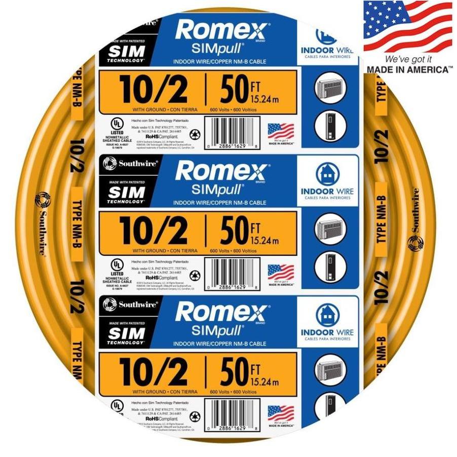 Southwire 50-ft 10/2 Romex SIMpull Solid Indoor Non-Metallic Wire  (By-the-roll) in the Non-Metallic Wire department at