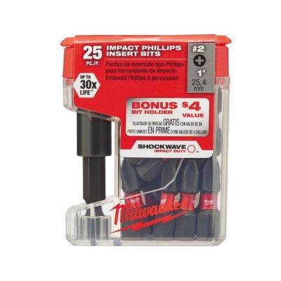 Milwaukee SHOCKWAVE #2 Insert Impact Screwdriver Bit with Magnetic Holder  (25-Pack)