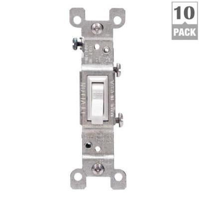 Leviton Residential Grade 15 Amp Toggle Single Pole Grounded Switch, White, (10-Pack)