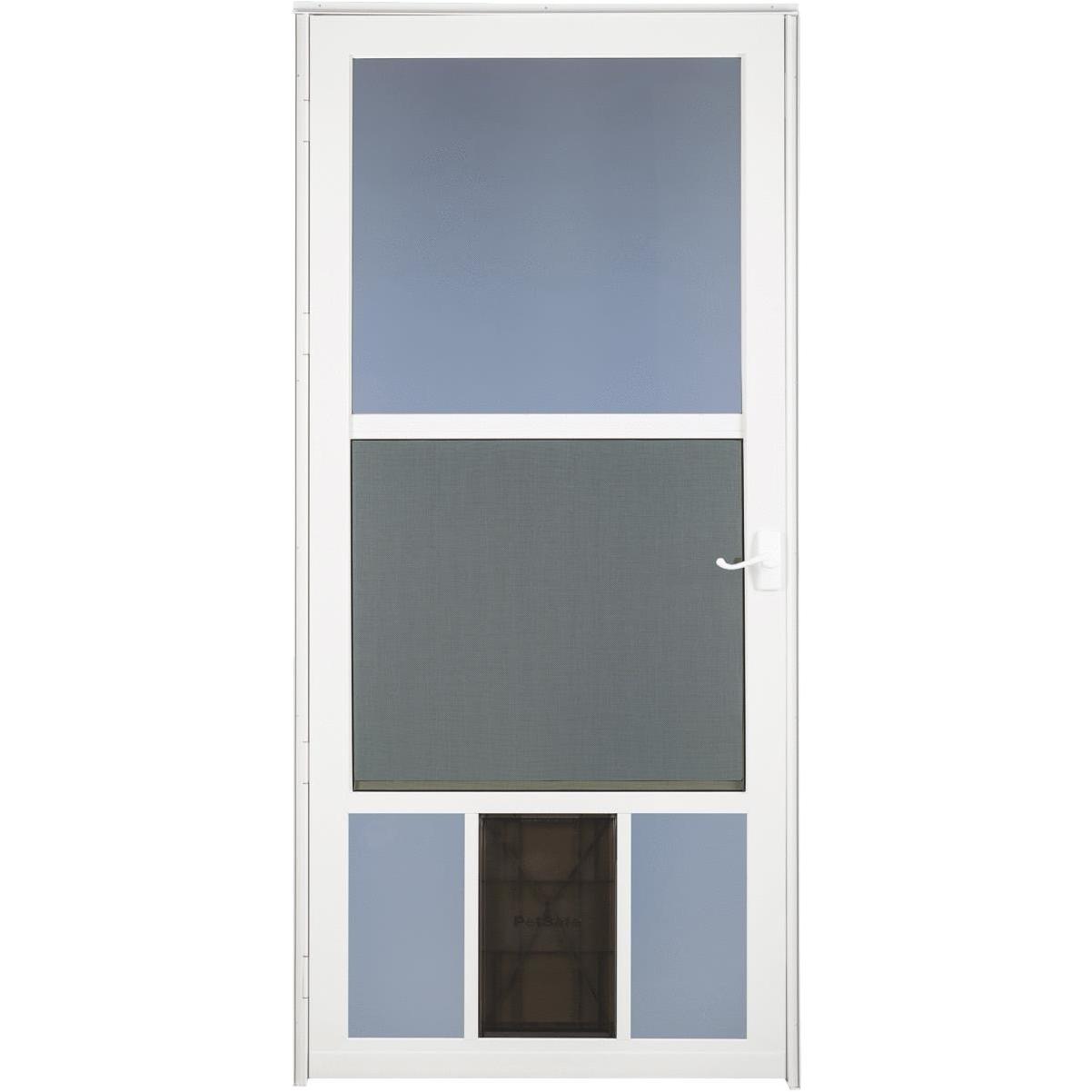 storm door with pet door built in