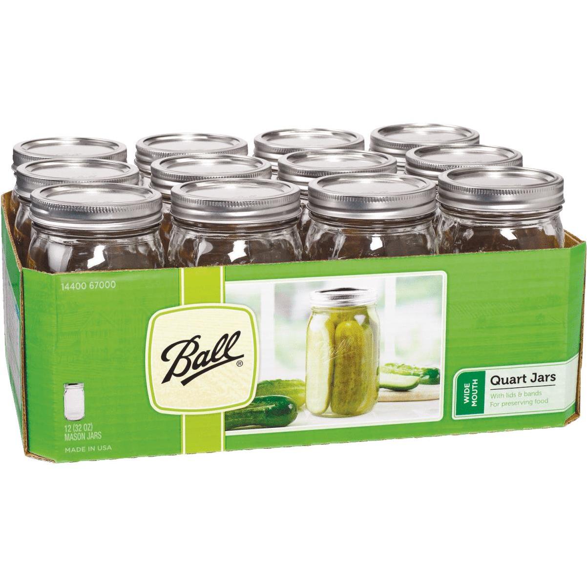 Ball 68100 Wide Mouth Glass Mason Jar With Lid And Band Half Gallon 64oz, 3  Jars