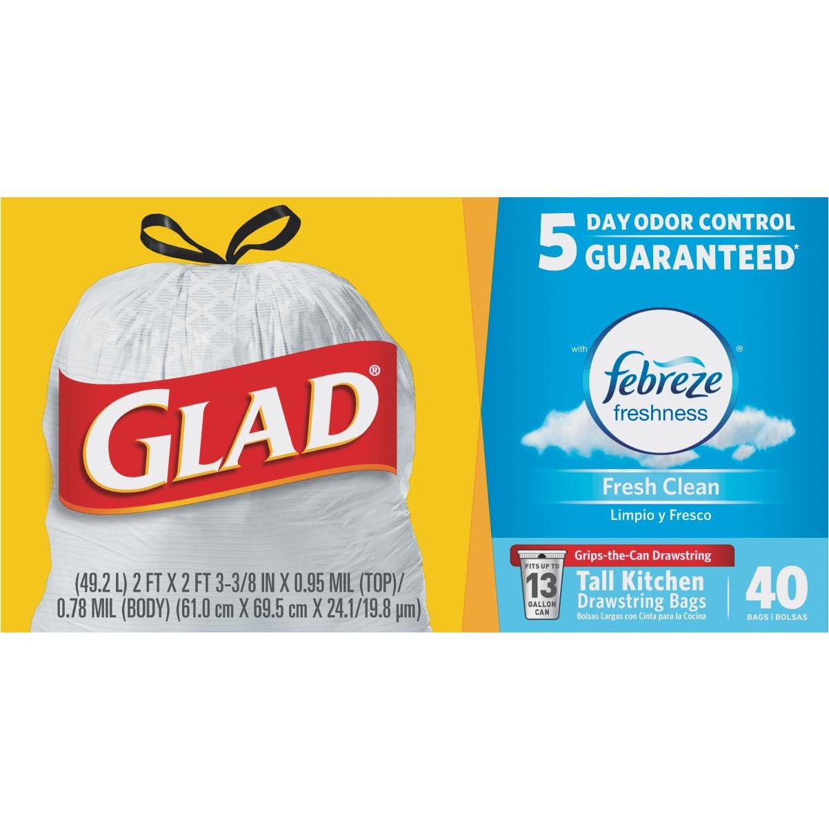 Glad ForceFlex 13 Gallon White Tall Kitchen Drawstring Trash Bags,  Original, 40 Ct