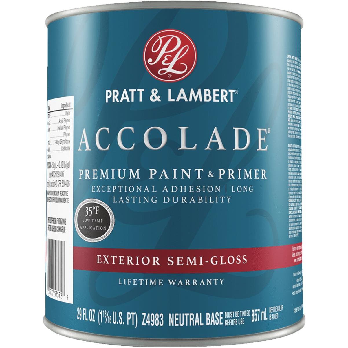 Pratt & Lambert Accolade 100% Acrylic Paint & Primer Semi-Gloss Exterior  House Paint, Deep Base, 1 Gal. 