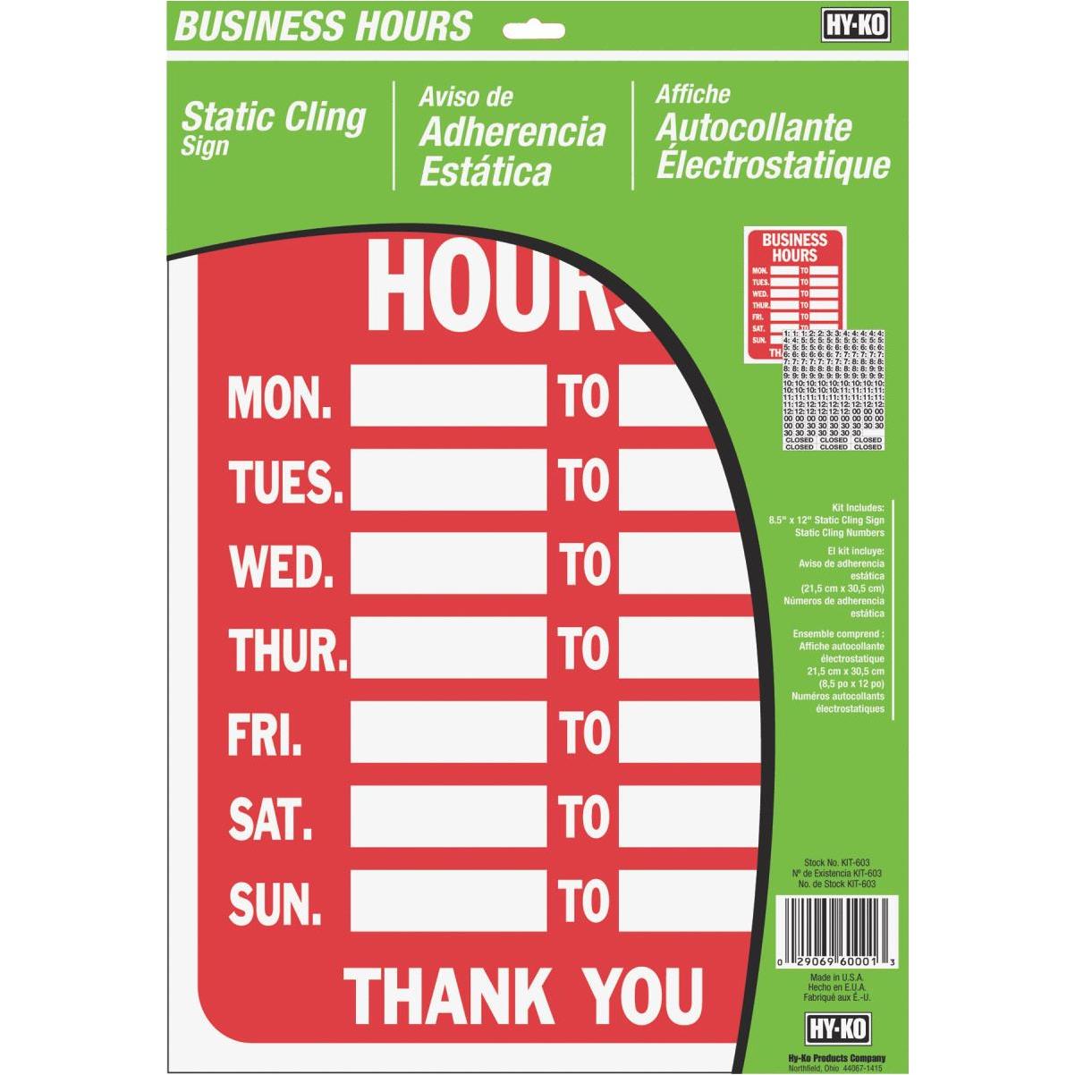 Hy Ko Static Cling Sign Business Hours Tm Hardware
