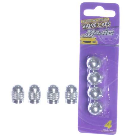 Majic Set of 4 Aluminum Metal Auto Car Tire Stem Valve Caps, Chrome/Silver Finis