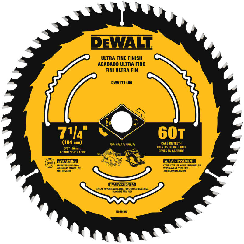 Dewalt Dewalt Dwa Circular Saw Blade 7 1 4 In Dia 5 8 In Arbor 60 Teeth Tungsten Carbide Cutting Edge Central Hardware Furniture