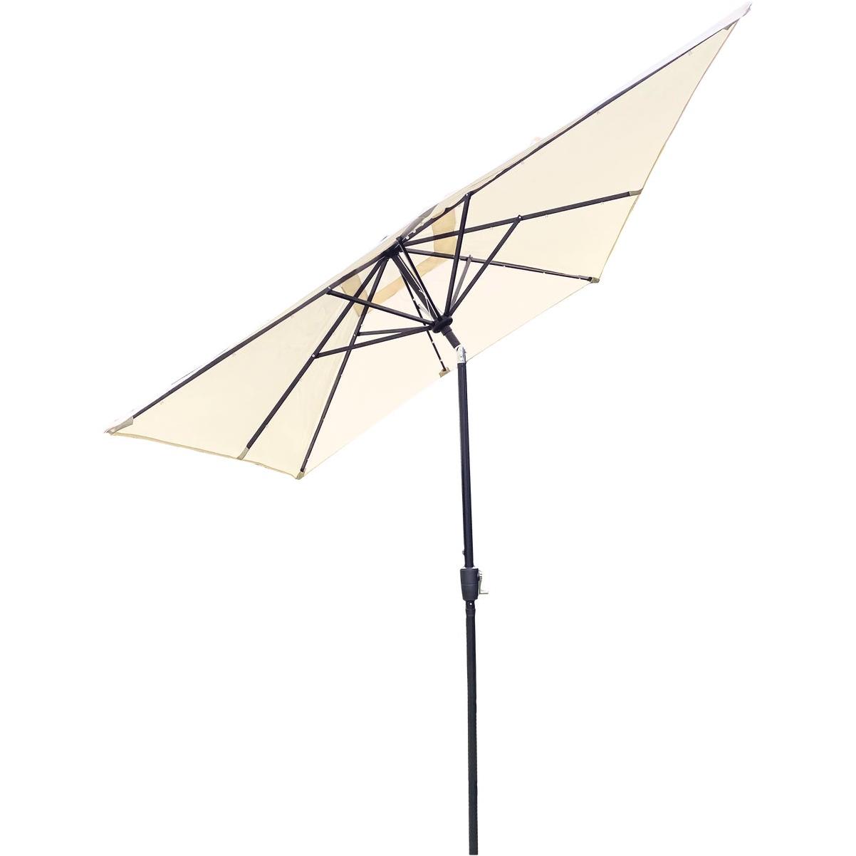 Outdoor Expressions 9 Ft. x 7 Ft. Rectangular Aluminum Tilt/Crank Cream Patio  Umbrella with Solar LED Lights | Modern Home u0026 Hardware