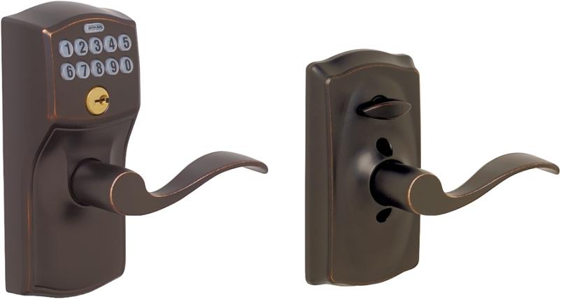 Schlage Camelot Keypad Handleset with Accent Lever Trim Aged