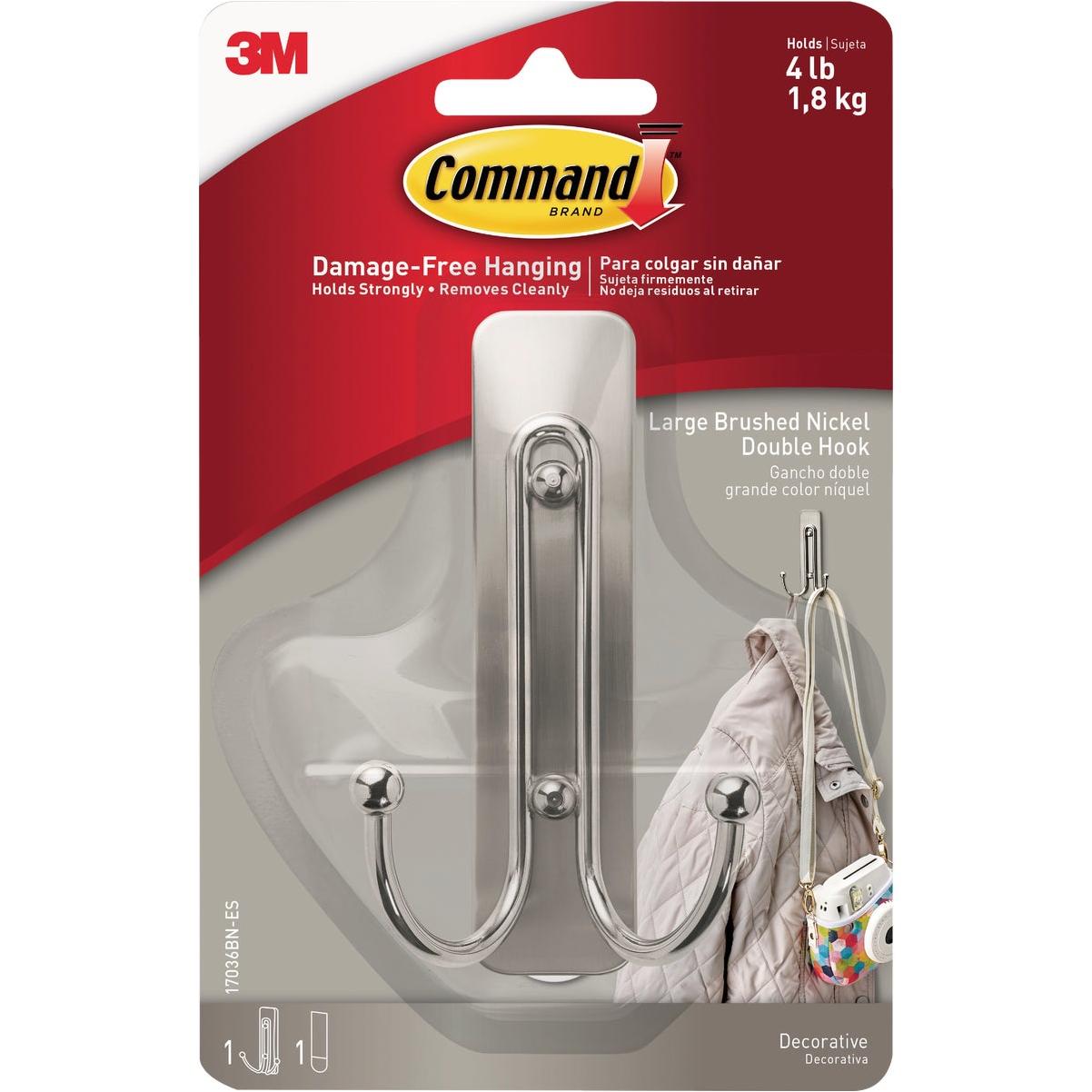 Command Large Decorative Double Hook, Brushed Nickel, 1 Hook, 1 Strip