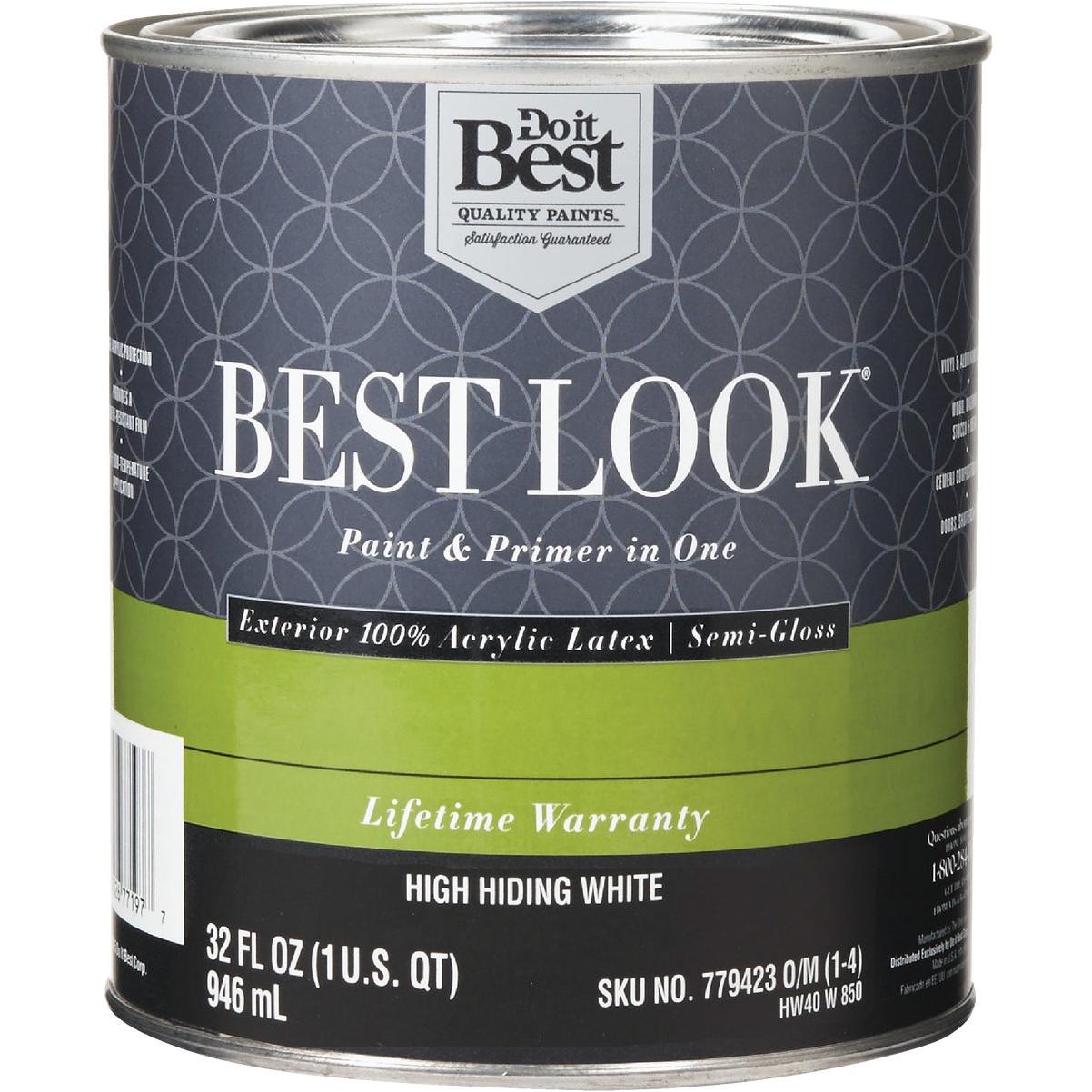 Best Look 100% Acrylic Latex Premium Paint & Primer In One Semi-Gloss Exterior House Paint, High Hiding White, 1 Qt.