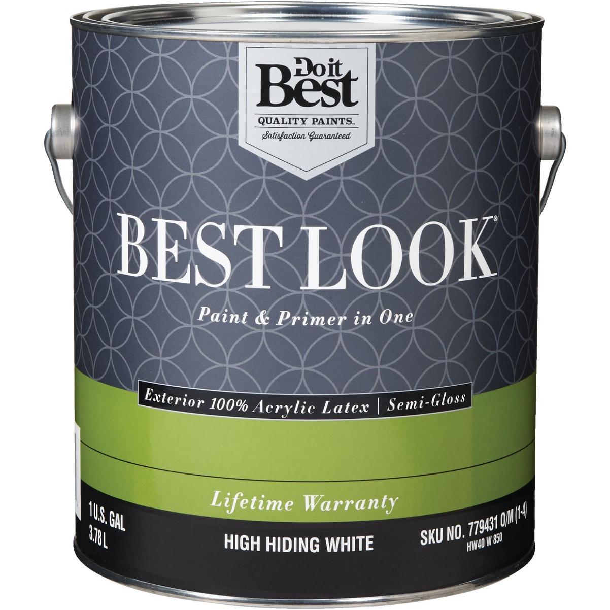 Best Look 100% Acrylic Latex Premium Paint & Primer In One Semi-Gloss Exterior House Paint, High Hiding White, 1 Gal.