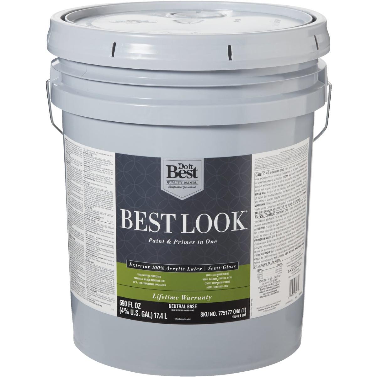 Best Look 100% Acrylic Latex Premium Paint & Primer In One Semi-Gloss Exterior House Paint, Neutral Base, 5 Gal.