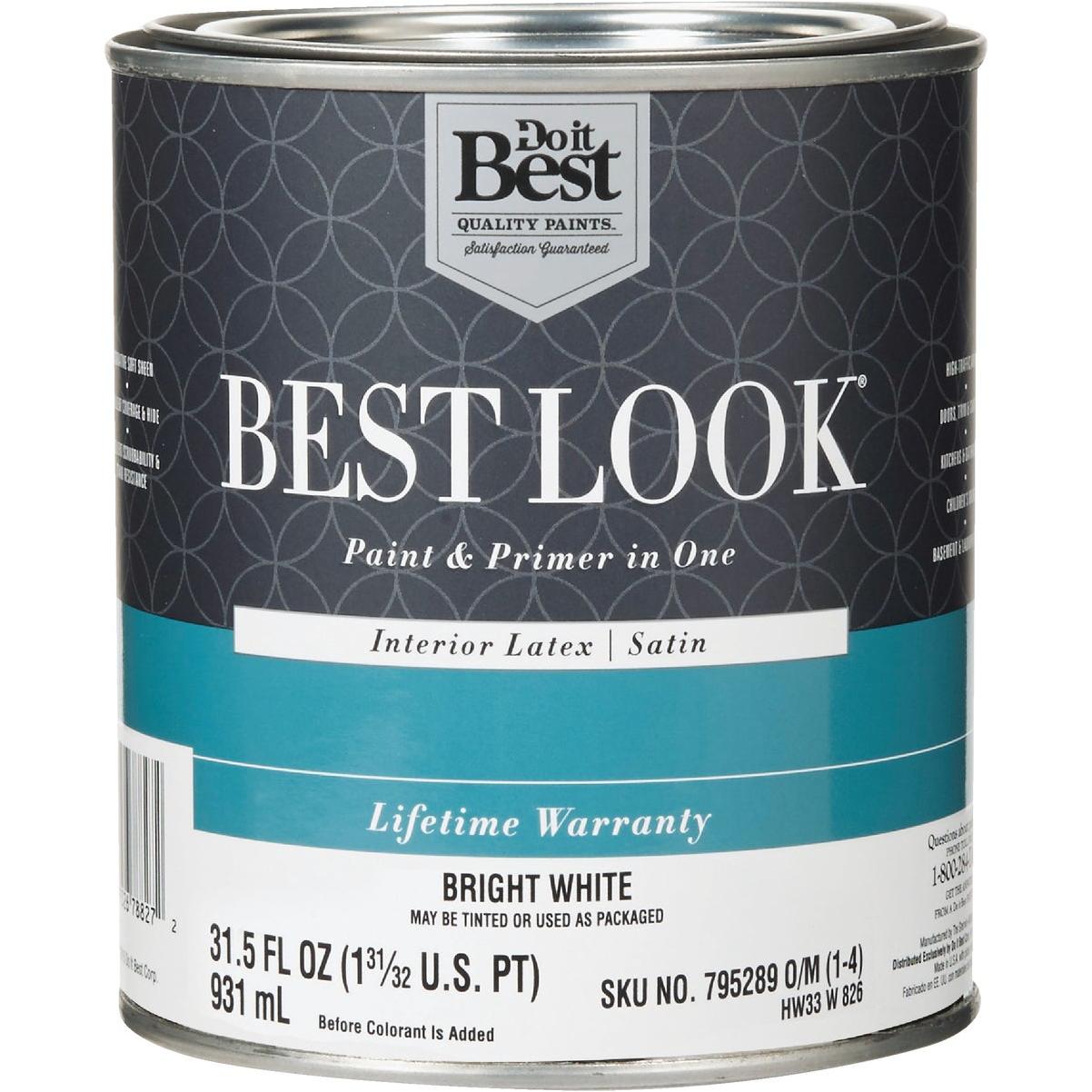 Best Look Latex Premium Paint & Primer In One Satin Interior Wall Paint, Bright White, 1 Qt.