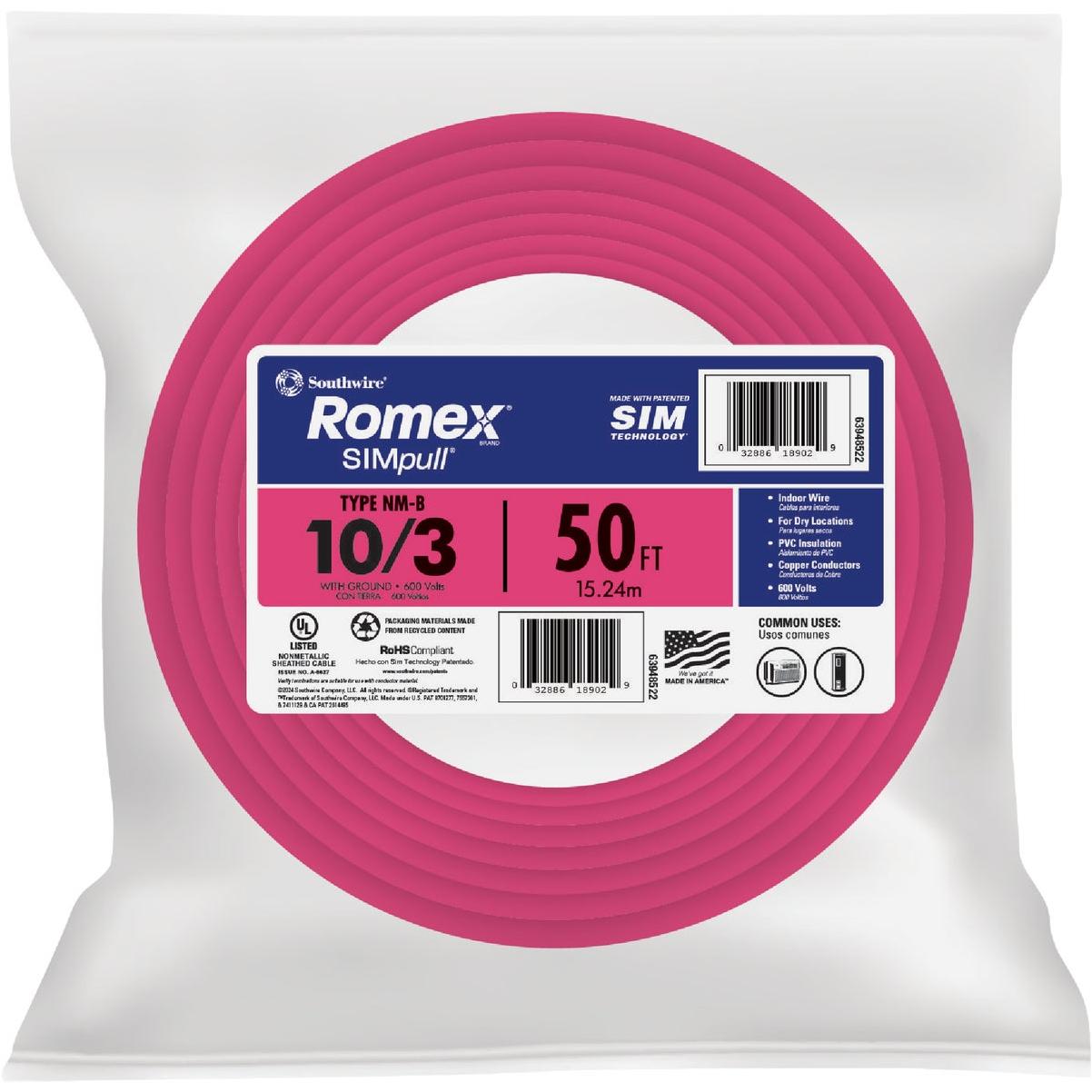 Romex 50 Ft. 10/3 Solid Pink NMW/G Electrical Wire