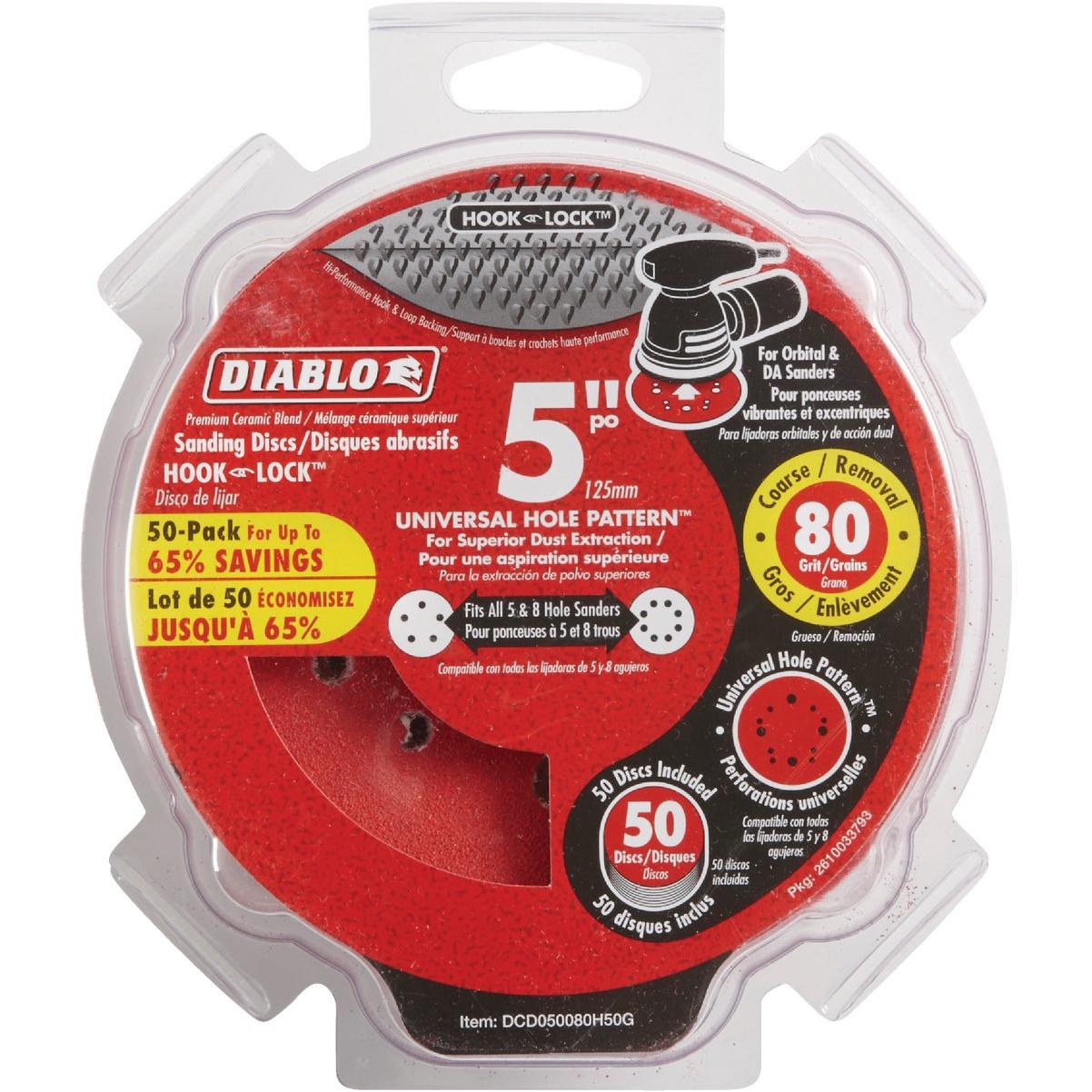 Diablo 5 In. 80-Grit Universal Hole Pattern Vented Sanding Disc with Hook and Lock Backing (50-Pack)