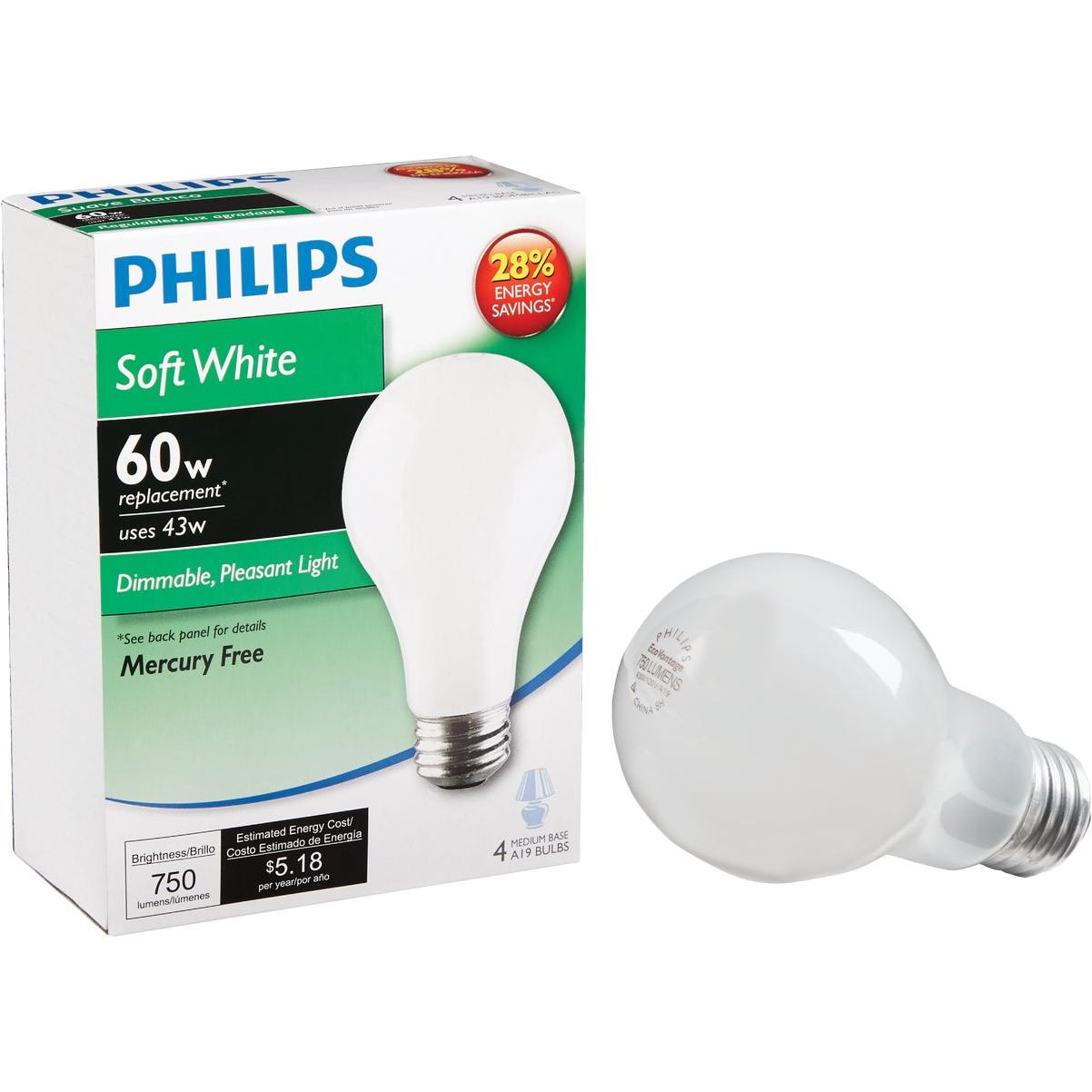 Philips EcoVantage 60W Equivalent Soft White Medium Base A19 Halogen Light Bulb (4-Pack)