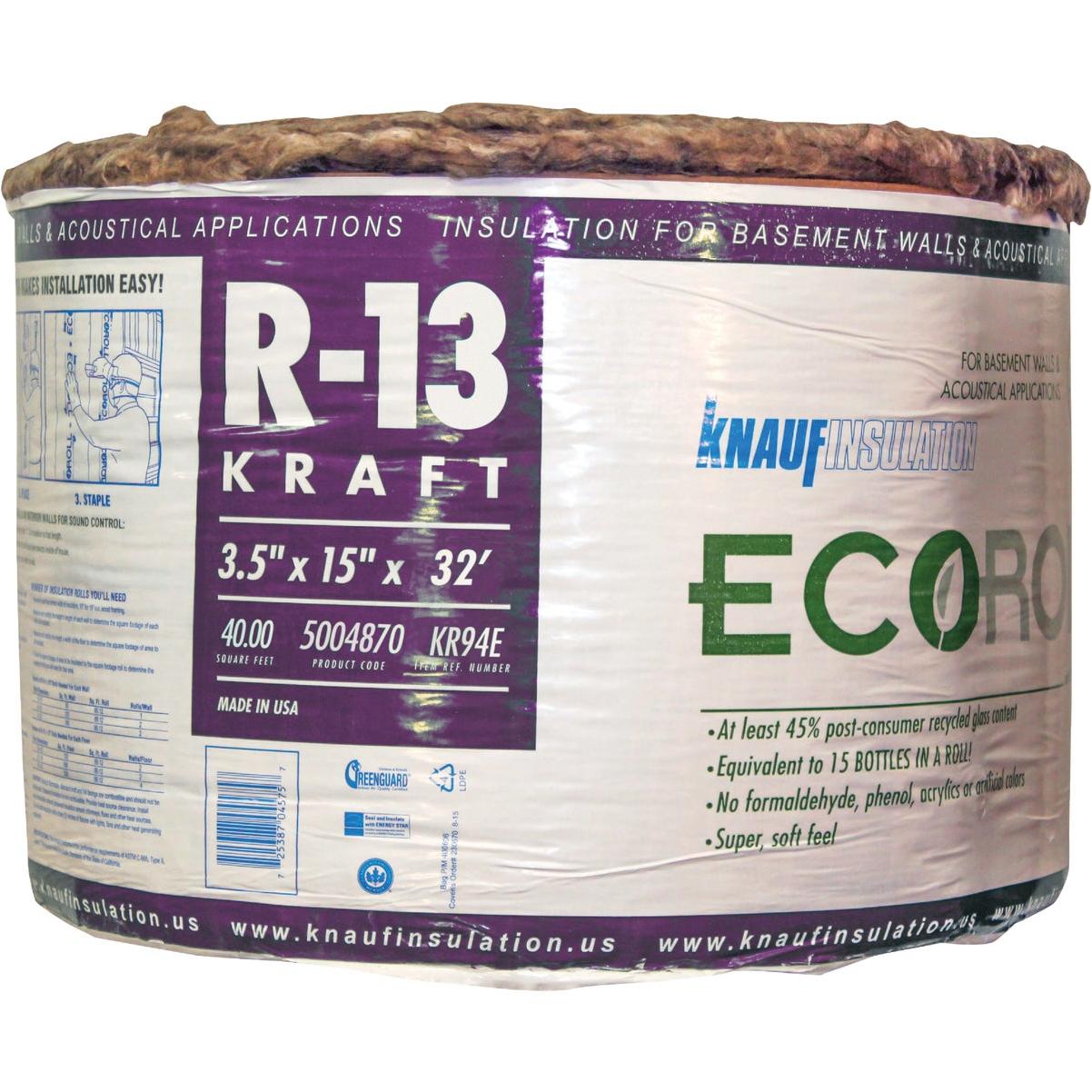 Knauf R-13 15 In. x 32 Ft. Greenguard Kraft Faced Roll Fiberglass Insulation