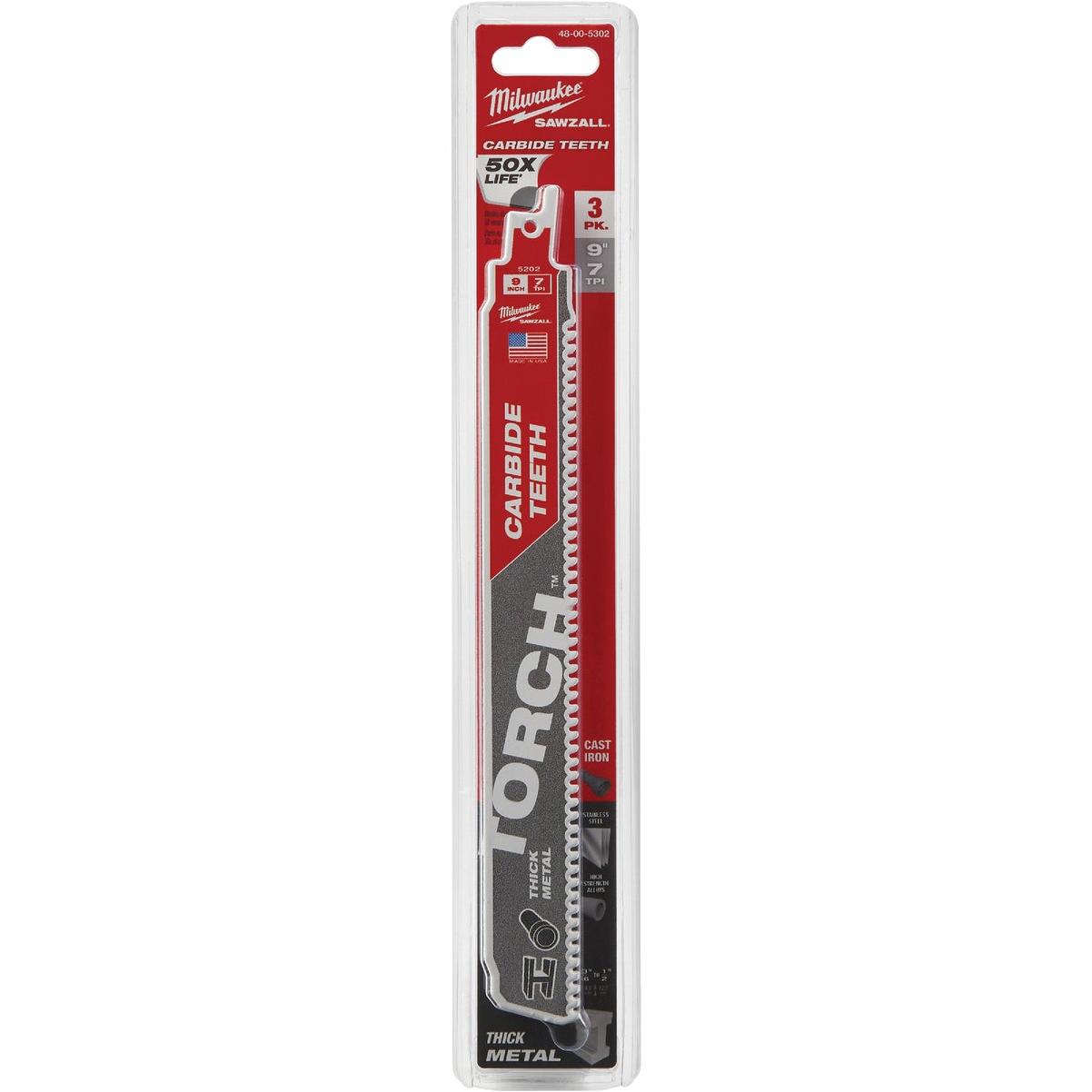 Milwaukee SAWZALL TORCH 9 In. 8 TPI Carbide Thick Metal Reciprocating Saw Blade (3-Pack)