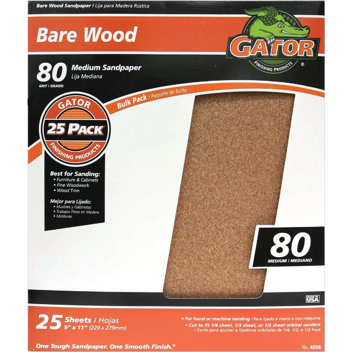 Gator Blade Bare Wood 9 In. x 11 In. 80 Grit Medium Sandpaper (25-Pack)