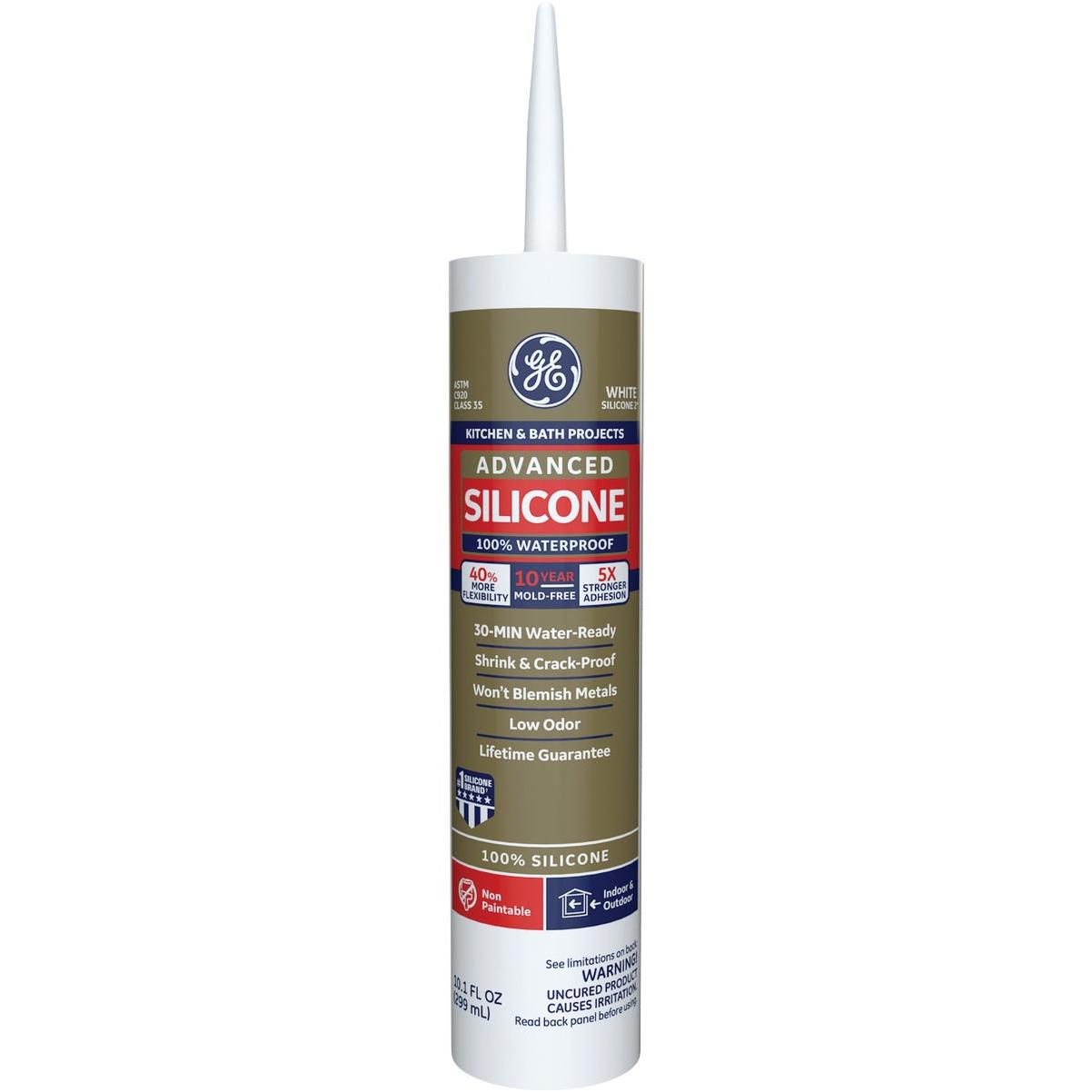 GE Advanced Silicone Kitchen & Bath Sealant, White, 10.1 Oz. Cartridge
