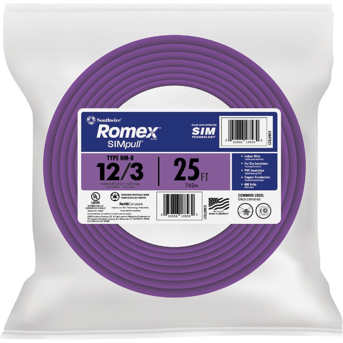 Romex 25 Ft. 12/3 Solid Purple NMW/G Electrical Wire