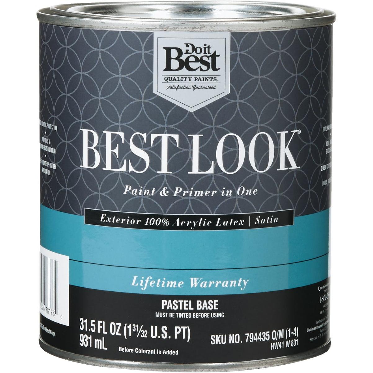 Best Look 100% Acrylic Latex Premium Paint & Primer In One Satin Exterior House Paint, Pastel Base, 1 Qt.