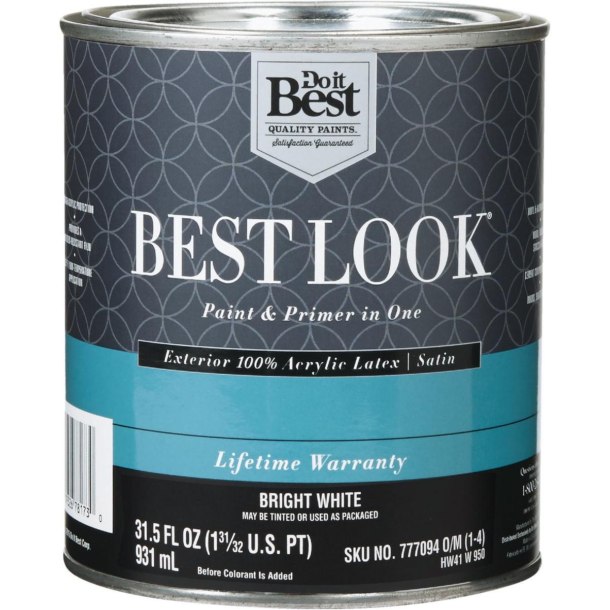 Best Look 100% Acrylic Latex Premium Paint & Primer In One Satin Exterior House Paint, Bright White, 1 Qt.