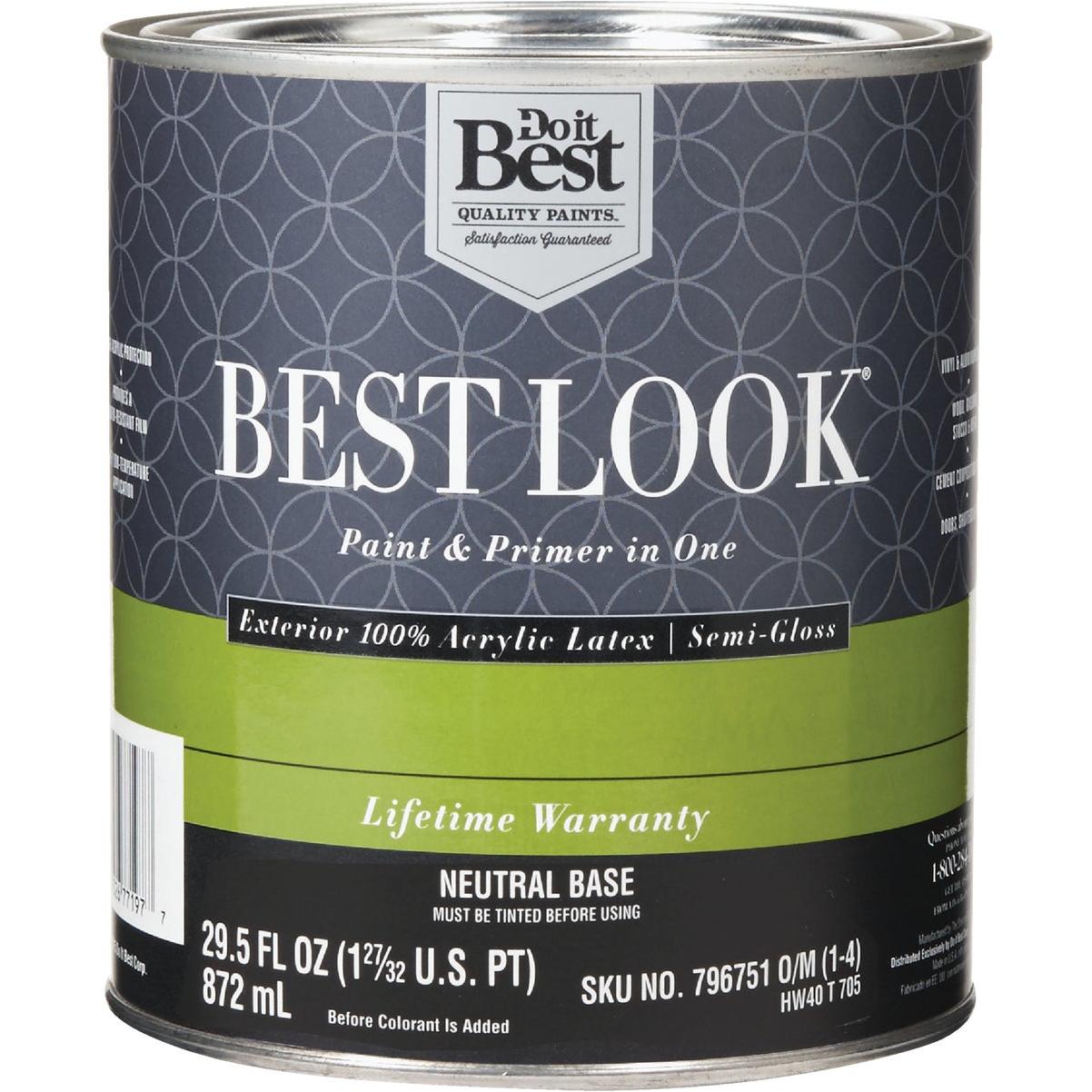 Best Look 100% Acrylic Latex Premium Paint & Primer In One Semi-Gloss Exterior House Paint, Neutral Base, 1 Qt.