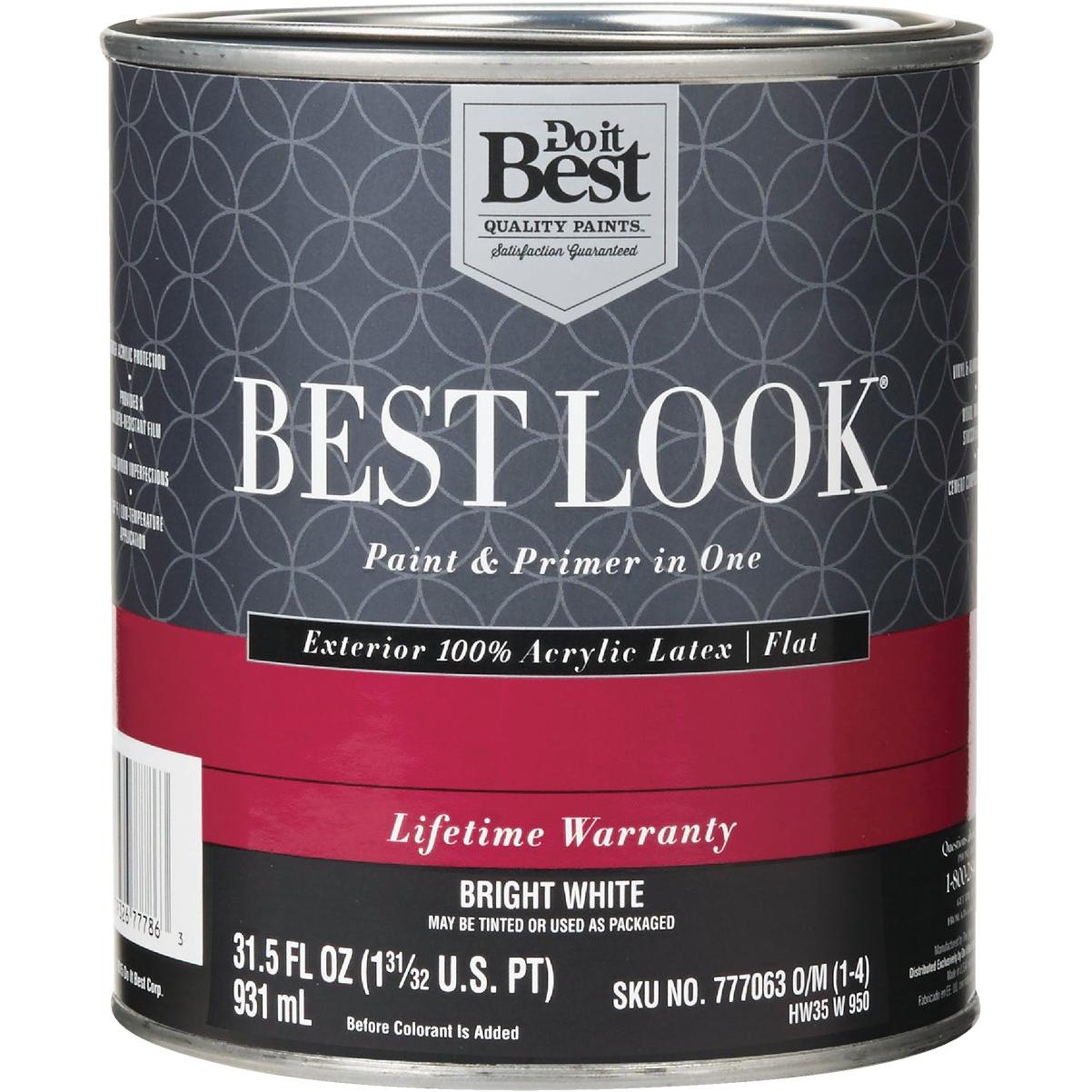 Best Look 100% Acrylic Latex Premium Paint & Primer In One Flat Exterior House Paint, Bright White, 1 Qt.
