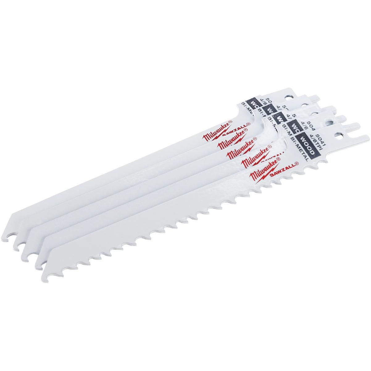 Milwaukee SAWZALL 6 In. 4/6 TPI Wood Scrolling Reciprocating Saw Blade (5-Pack)