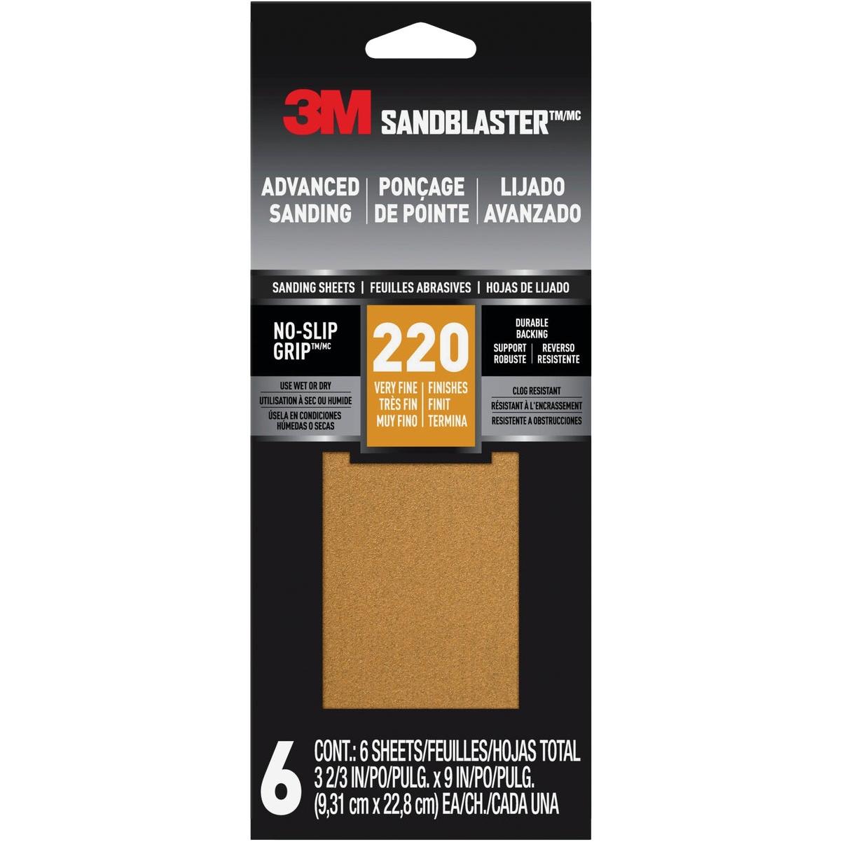 3M Pro Grade Precision 3-2/3 In. x 9 In. 220 Grit 1/3 Sheet Sandpaper with No-Slip Grip Backing (6-Pack)