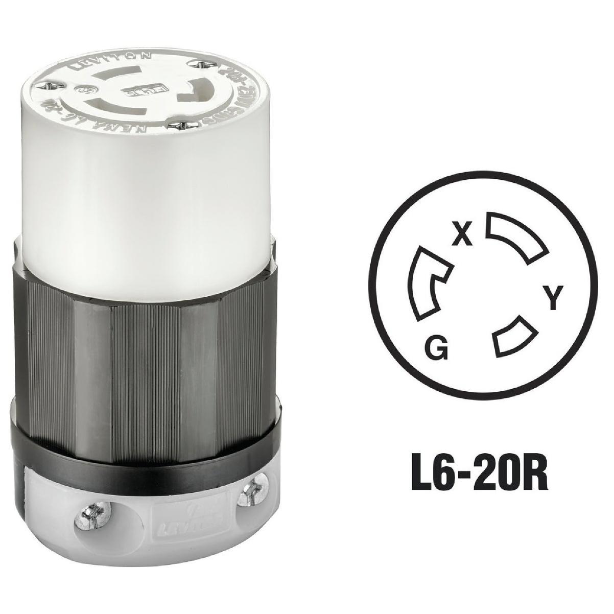 Leviton 20A 250V 3-Wire 2-Pole Industrial Grade L6-20R Locking Cord Connector