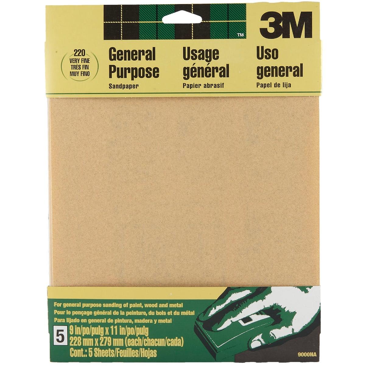 3M 9 In. x 11 In. General Purpose Very Fine Sandpaper, 220 Grit (5-Pack)