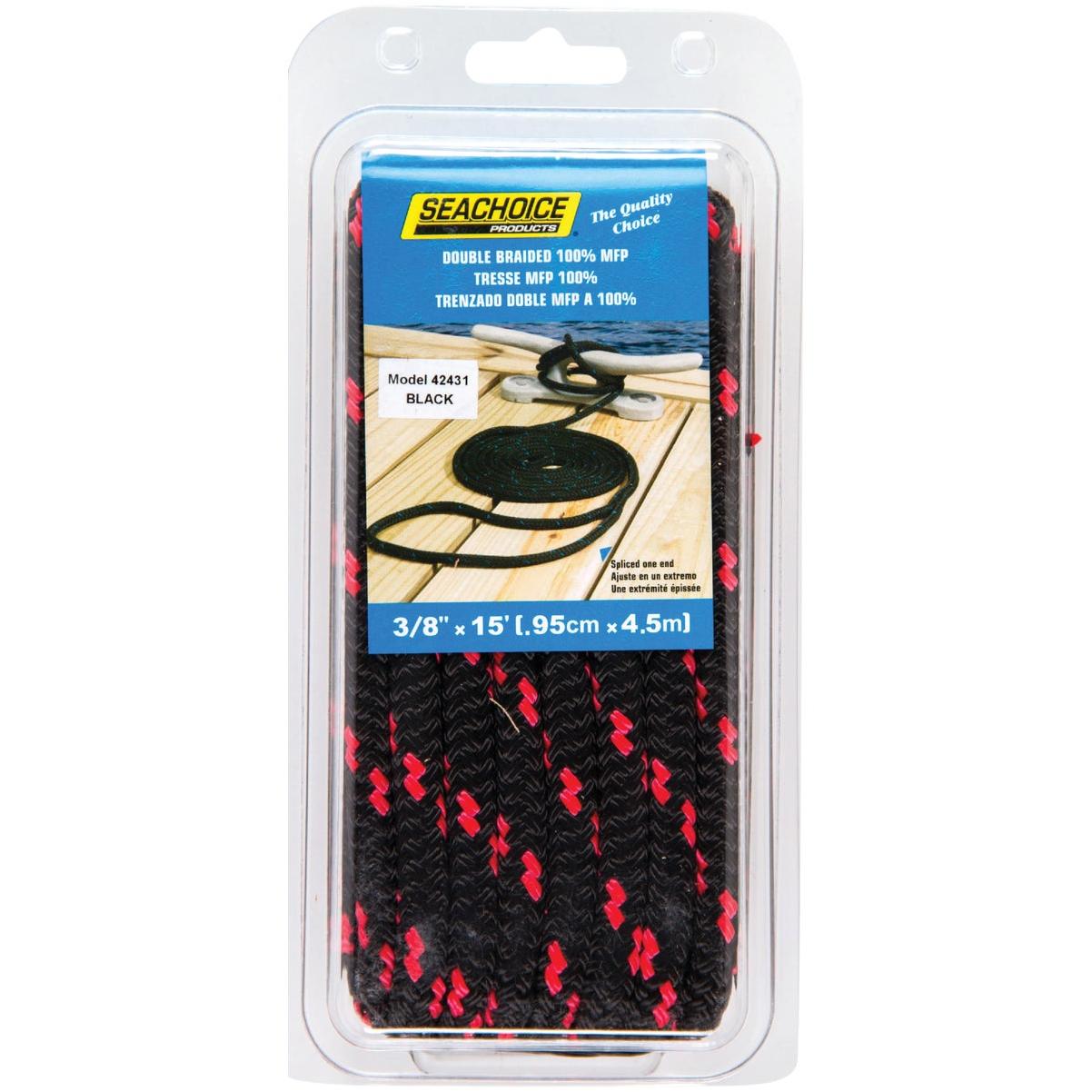 Seachoice 3/8 In. x 15 Ft. Black with Red Tracer Double Braid Polypropylene Dock Line