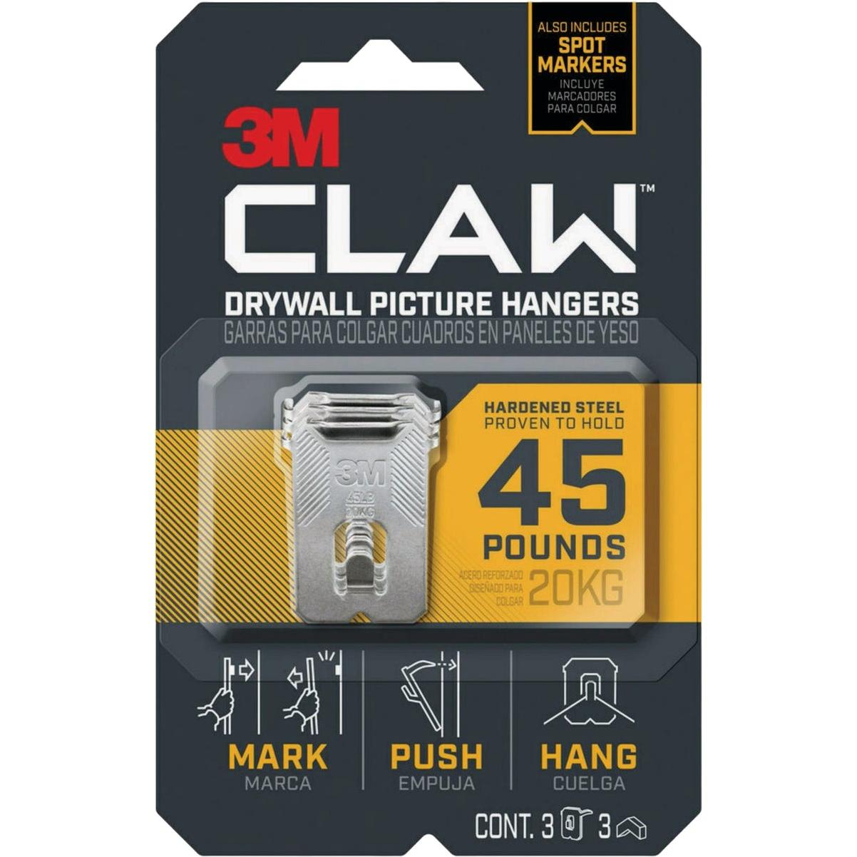 3M Claw Drywall Picture Hanger with Temporary Spot Marker, Holds 45 Lb., 3 Hangers, 3 Markers