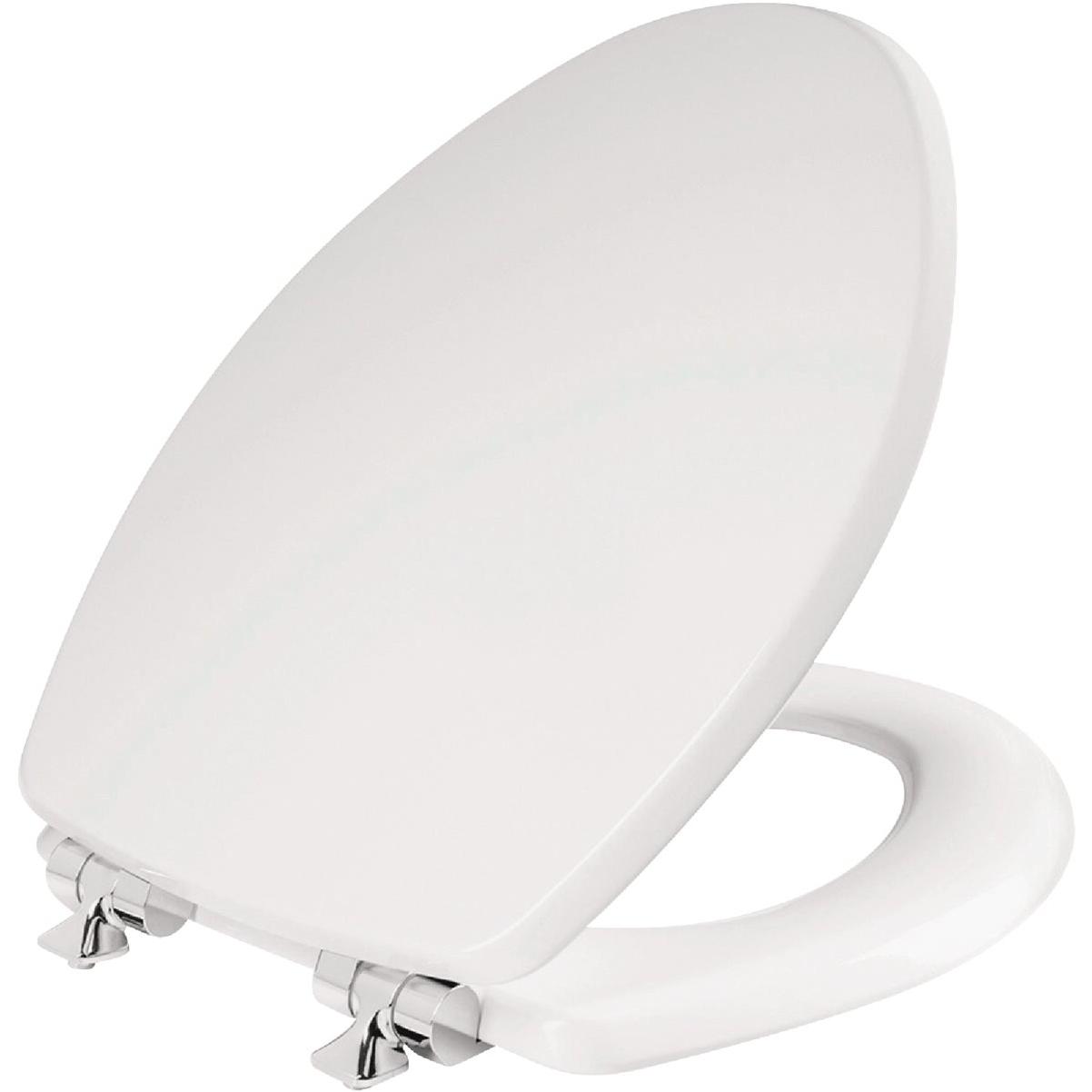 Bemis Mayfair Benton Elongated White Enameled Wood Toilet Seat with Slow Close Chrome Metal Hinge