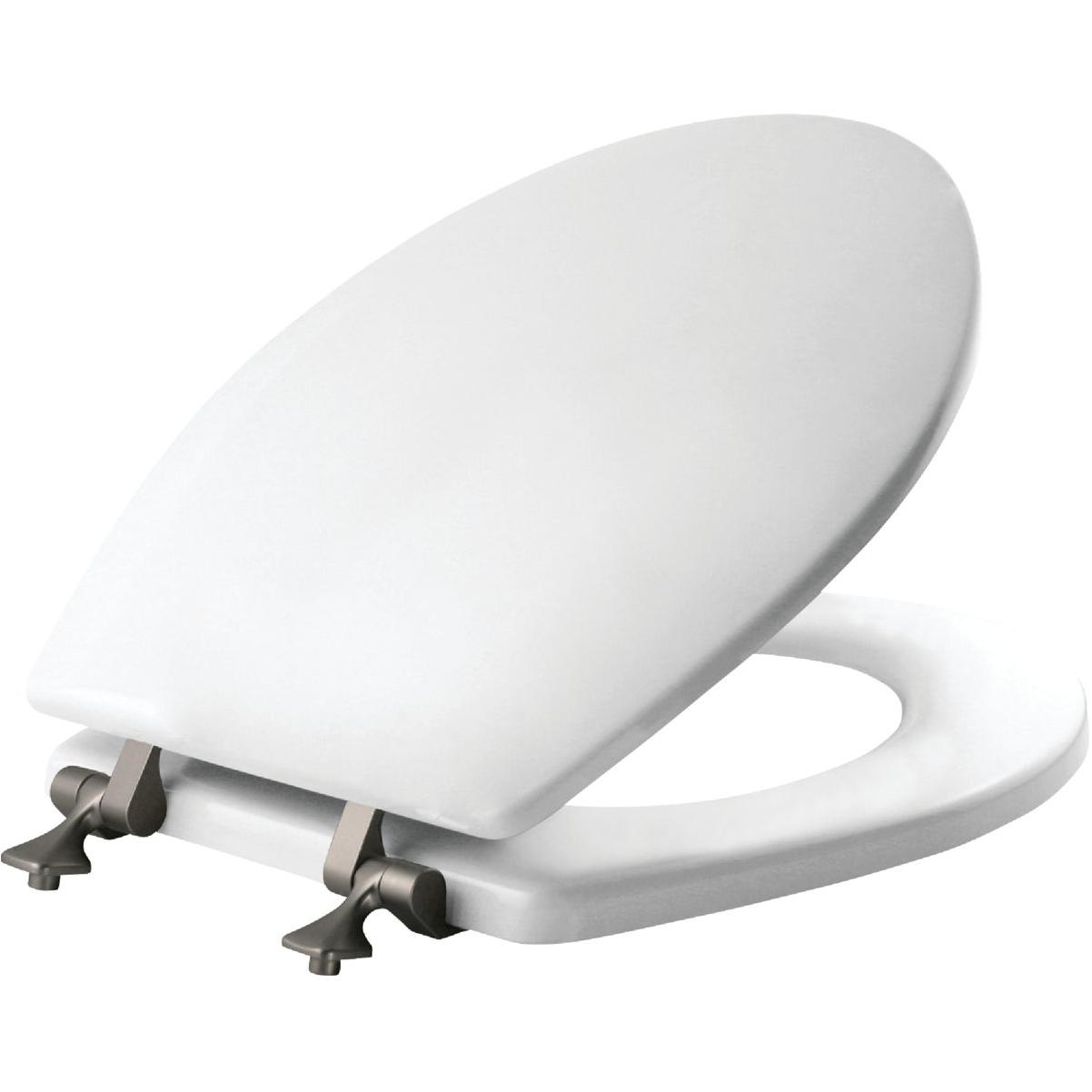 Bemis Mayfair Round Closed Front White Wood Toilet Seat with Brushed Nickel Hinges