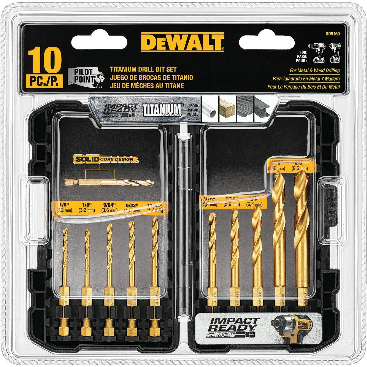 DeWalt Impact Ready 10-Piece Titanium Hex Shank Drill Bit Set, 1/8 In. thru 3/8 In.
