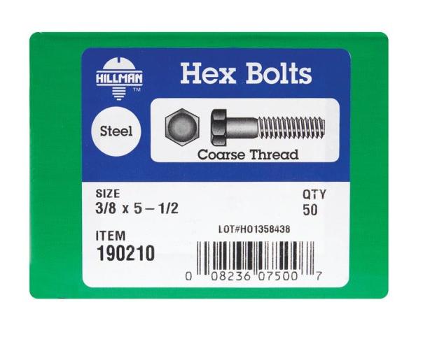 Hillman 3/8-in-16 Zinc-Plated Hex-Head Standard (SAE) Hex Bolt