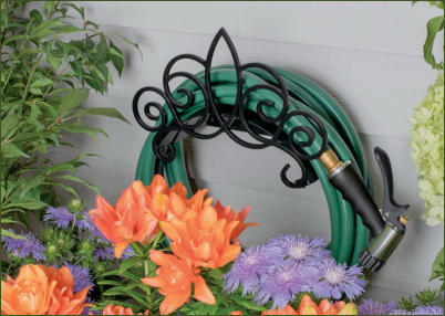 Hose Hanger Scroll Pattern Black Metal Holds 150'