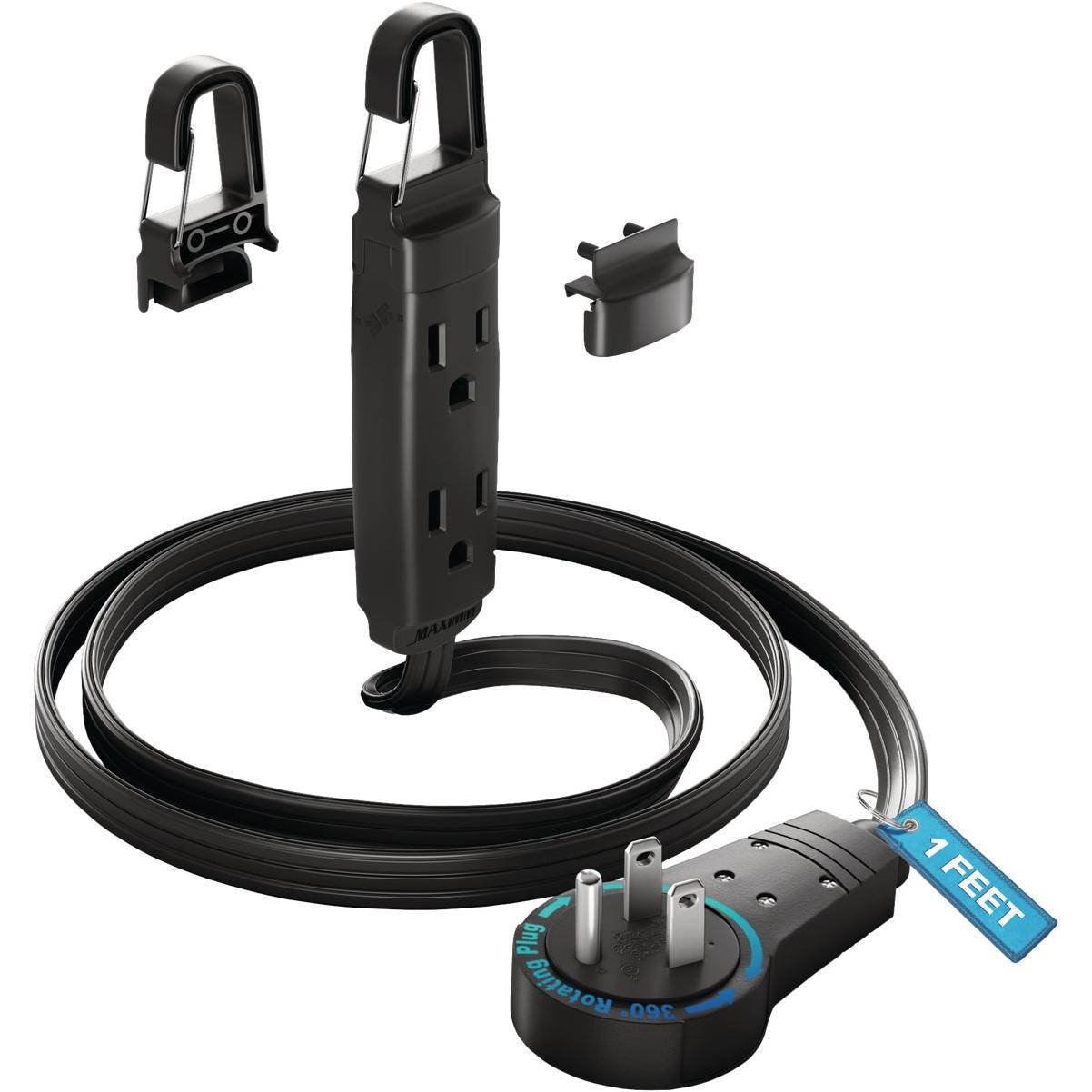Maximm 1 Ft. 16/3 Black 3-Outlet 360 Deg. Rotating Plug Extension Cord With Removable Hook