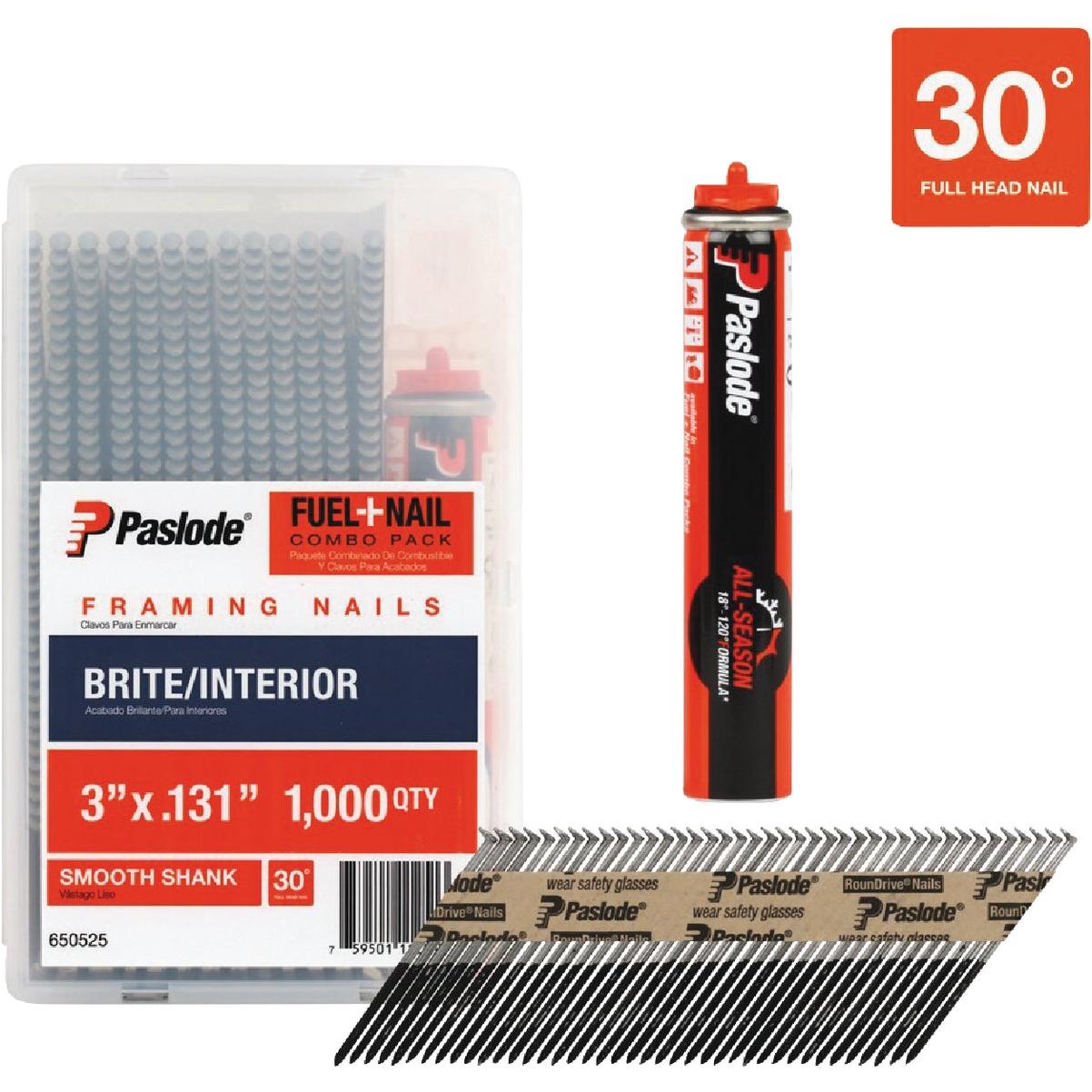Paslode 3 In. x 0.131 In. 30 Degree Paper Tape Brite Smooth Shank RounDrive Framing Nails with (1) Framing Fuel Cell (1000 Ct.)
